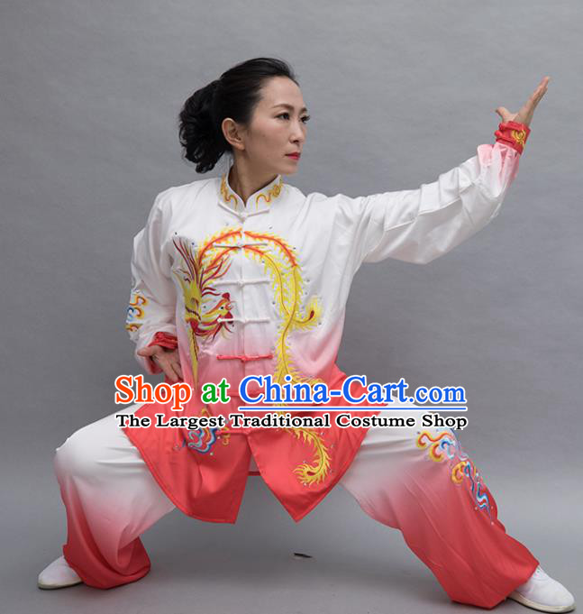 Top Tai Ji Training Embroidered Phoenix Orange Uniform Kung Fu Group Competition Costume for Women