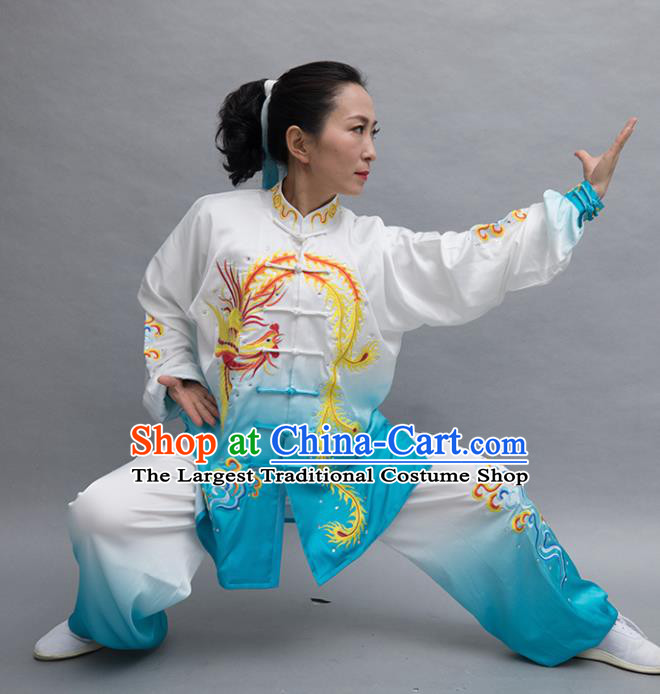 Top Tai Ji Training Embroidered Phoenix Blue Uniform Kung Fu Group Competition Costume for Women