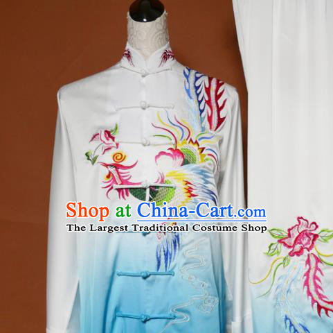 Top Tai Ji Training Embroidered Phoenix Blue Uniform Kung Fu Group Competition Costume for Women