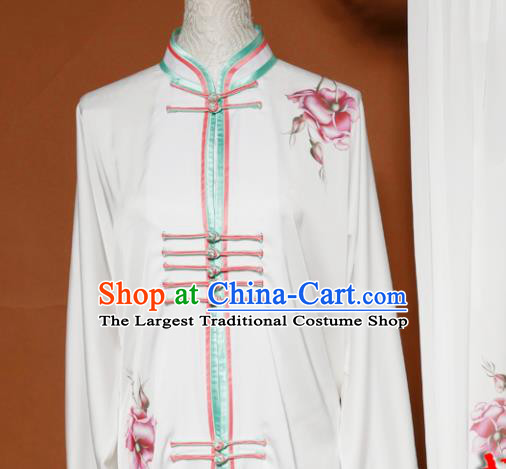 Top Tai Ji Training Printing Peony White Uniform Kung Fu Group Competition Costume for Women