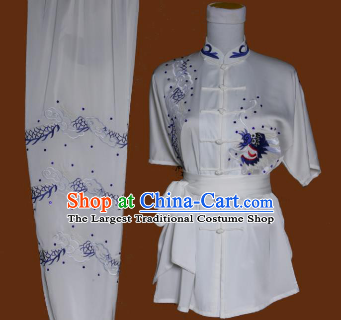 Top Grade Kung Fu Embroidered Dragon White Costume Chinese Tai Chi Martial Arts Training Uniform for Adults