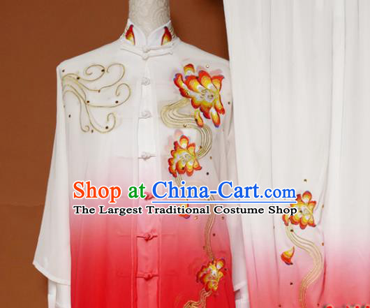 Top Tai Ji Training Embroidered Peony Rosy Uniform Kung Fu Group Competition Costume for Women