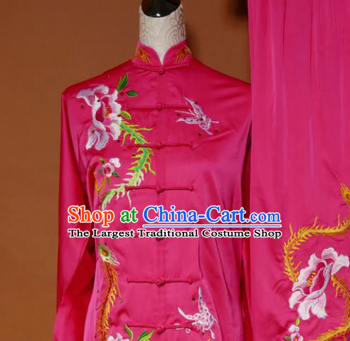 Top Tai Ji Training Embroidered Phoenix Peony Rosy Uniform Kung Fu Group Competition Costume for Women