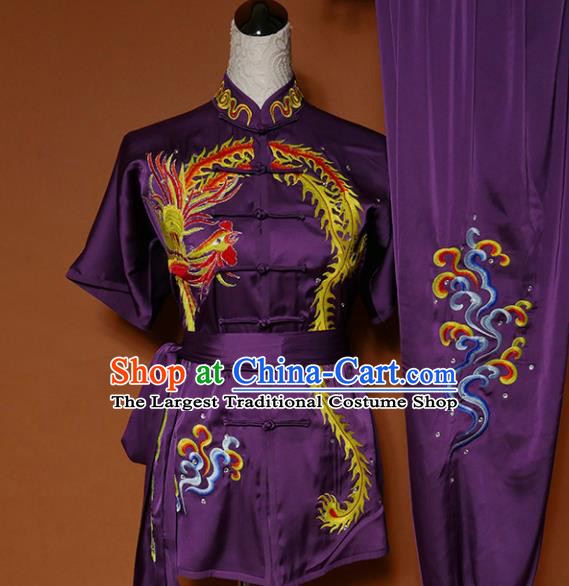 Top Group Kung Fu Costume Tai Ji Training Embroidered Phoenix Purple Uniform Clothing for Women