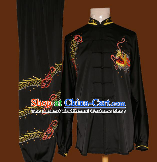 Top Grade Kung Fu Embroidered Dragon Black Costume Chinese Tai Chi Martial Arts Training Uniform for Adults