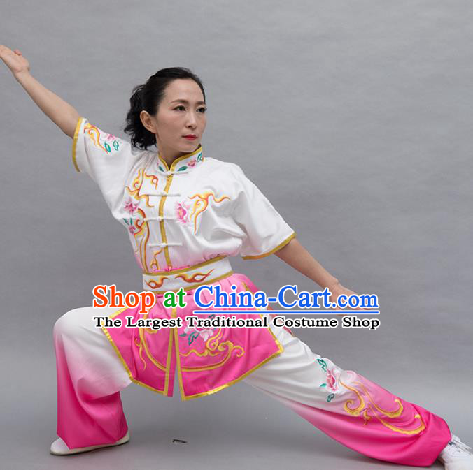 Top Group Kung Fu Costume Tai Ji Training Embroidered Peony Pink Uniform Clothing for Women