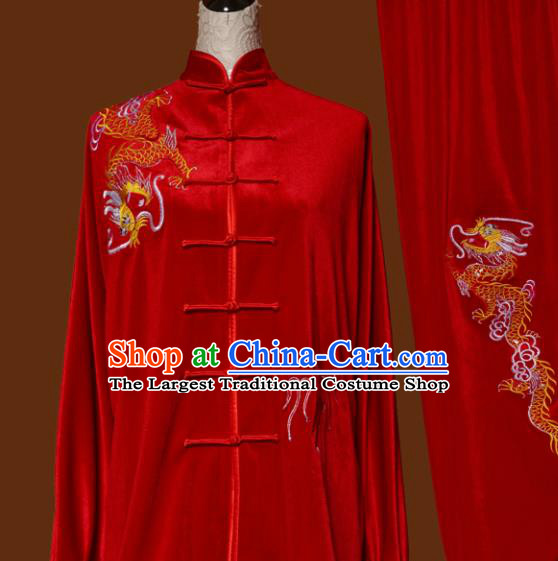 Top Grade Kung Fu Embroidered Red Velvet Costume Martial Arts Training Tai Ji Uniform for Adults