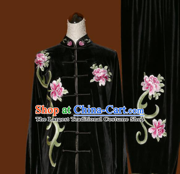 Chinese Traditional Tai Chi Embroidered Peony Black Velvet Uniform Kung Fu Group Competition Costume for Women