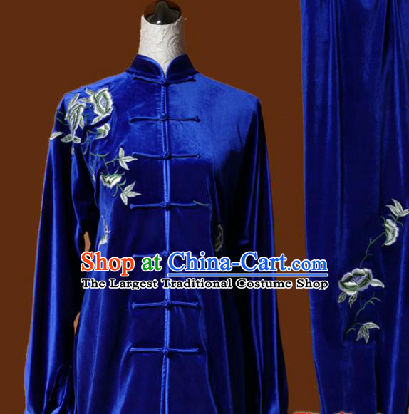 Chinese Traditional Tai Chi Embroidered Peony Royalblue Velvet Uniform Kung Fu Group Competition Costume for Women