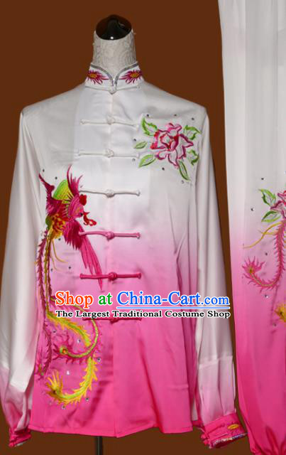 Chinese Traditional Tai Chi Embroidered Peony Rosy Uniform Kung Fu Group Competition Costume for Women