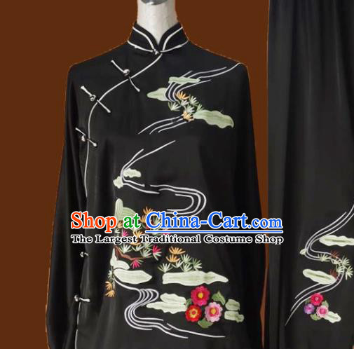 Chinese Traditional Tai Chi Black Uniform Kung Fu Group Competition Embroidered Pine Costume for Women