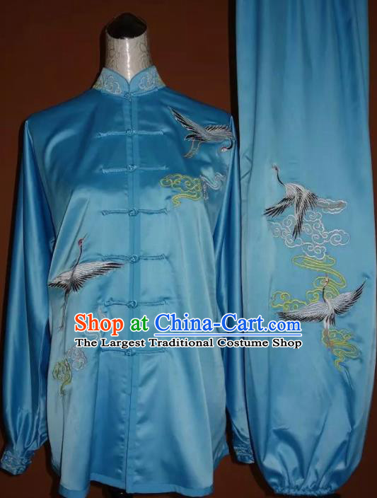 Top Grade Kung Fu Embroidered Cranes Blue Costume Chinese Tai Chi Martial Arts Training Uniform for Adults