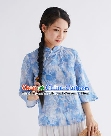 Chinese National Costume Traditional Classical Cheongsam Blue Blouse for Women