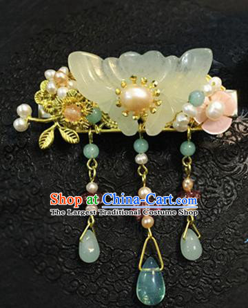 Chinese Ancient Handmade Jade Butterfly Tassel Hair Comb Traditional Classical Hair Accessories for Women