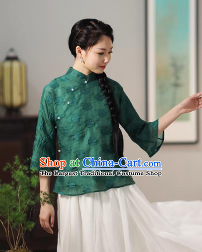 Chinese National Costume Traditional Classical Cheongsam Deep Green Blouse for Women