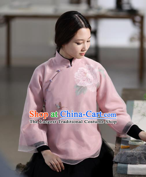 Chinese National Costume Traditional Classical Cheongsam Printing Peony Pink Blouse for Women