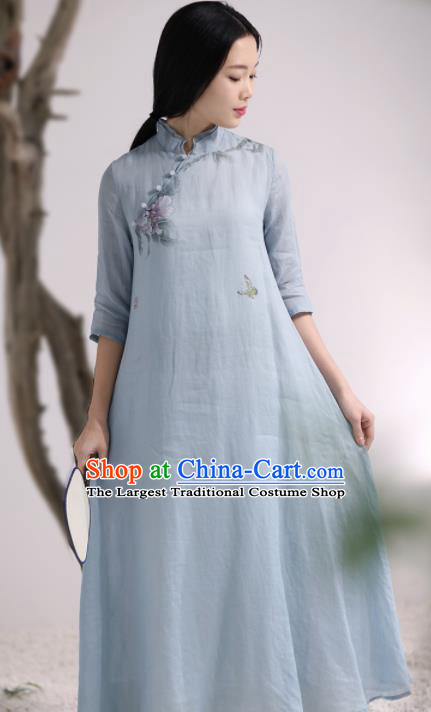 Chinese National Costume Traditional Cheongsam Classical Printing Peony Blue Qipao Dress for Women