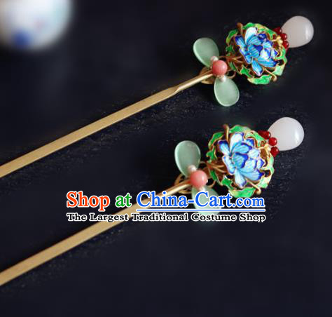 Chinese Ancient Handmade Cloisonne Lotus Hairpins Traditional Classical Hair Accessories for Women