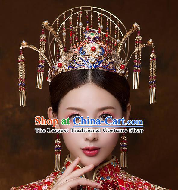 Chinese Ancient Handmade Blueing Phoenix Coronet Bride Tassel Hairpins Traditional Classical Wedding Hair Accessories for Women