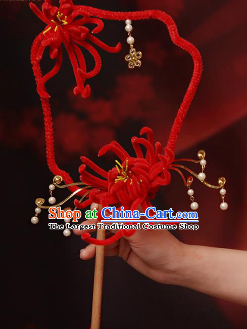 Chinese Handmade Classical Palace Fans Wedding Bride Accessories Red Chrysanthemum Round Fan for Women