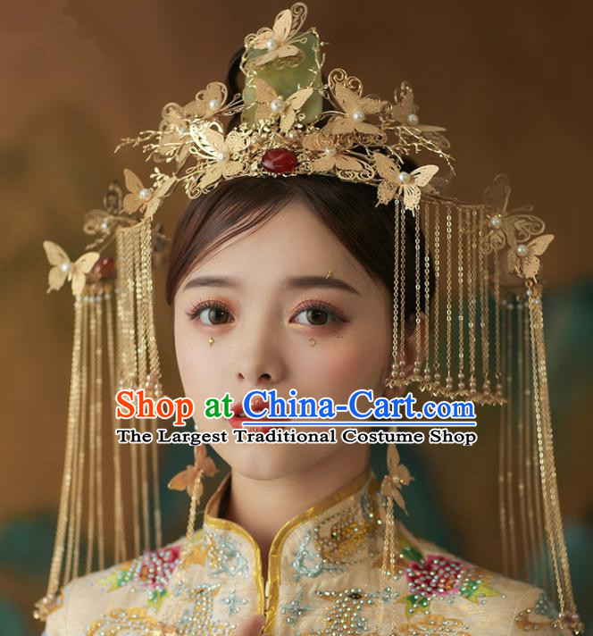 Chinese Ancient Palace Bride Jade Butterfly Phoenix Coronet Tassel Hairpins Traditional Wedding Hair Accessories for Women