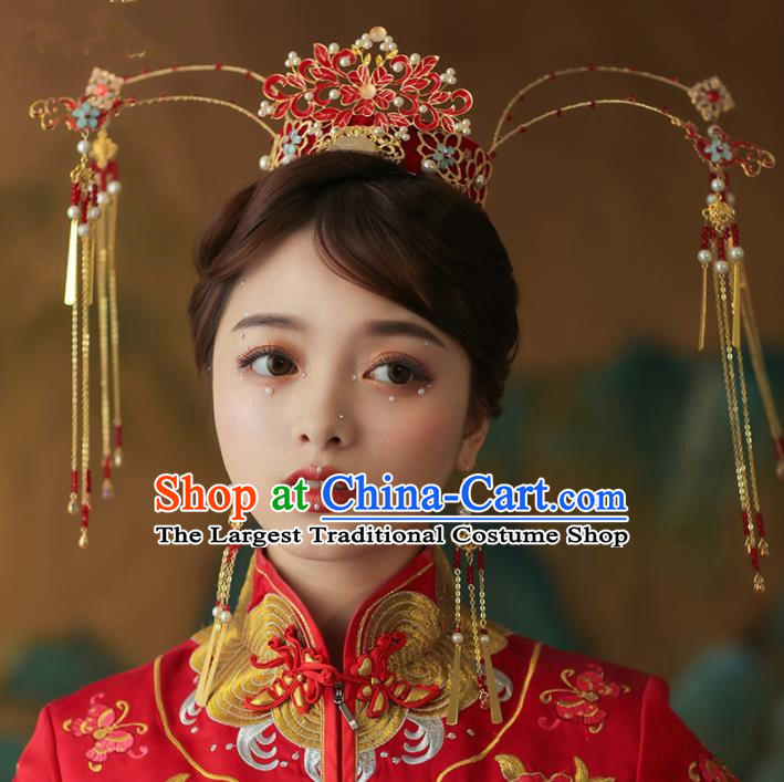 Chinese Traditional Palace Enamel Red Phoenix Coronet Tassel Hairpins Ancient Wedding Hair Accessories for Women