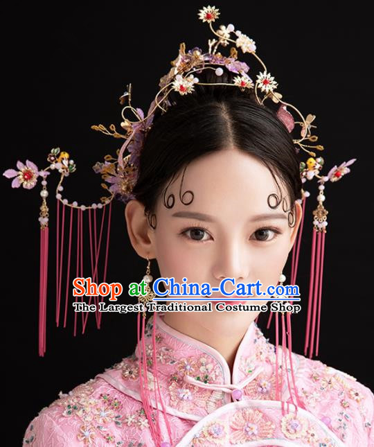 Chinese Ancient Palace Queen Purple Flowers Phoenix Coronet Hairpins Traditional Hair Accessories Headdress for Women