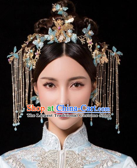 Chinese Ancient Palace Queen Blue Beads Phoenix Coronet Hairpins Traditional Hair Accessories Headdress for Women