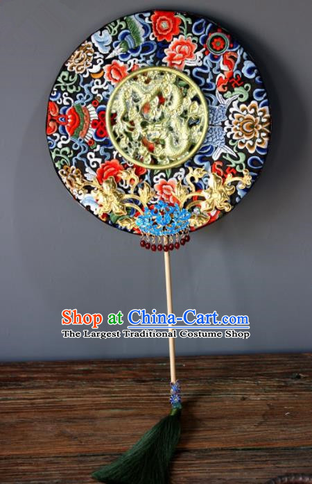 Chinese Handmade Classical Carving Dragons Palace Fans Wedding Bride Accessories Round Fan for Women