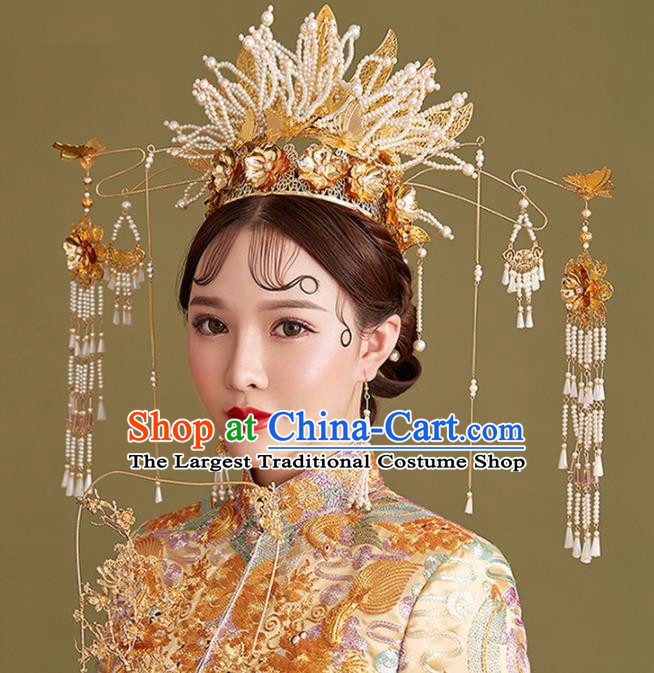 Chinese Traditional Palace Bride Hairpins Ancient Wedding Beads Phoenix Coronet Hair Accessories for Women