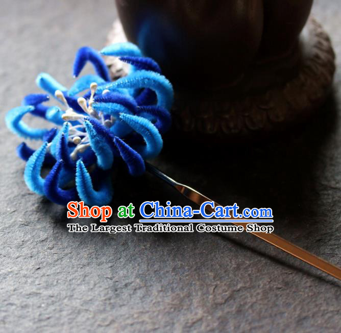 Chinese Ancient Queen Blue Velvet Chrysanthemum Hairpins Traditional Palace Hair Accessories Headdress for Women