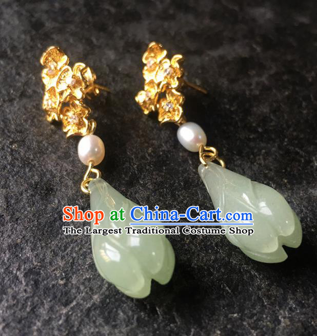 Top Grade Chinese Handmade Green Mangnolia Earrings Traditional Bride Ear Accessories for Women