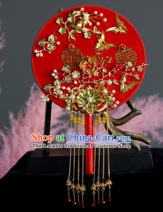 Chinese Handmade Bride Classical Red Palace Fans Wedding Accessories Round Fan for Women