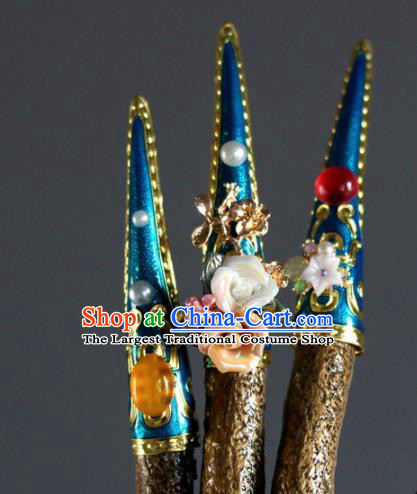 Chinese Handmade Enamel Blue Nail Wrap Traditional Ancient Palace Lady Fingerstalls for Women