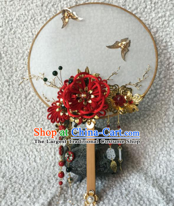 Chinese Handmade Bride Classical Red Velvet Flower Palace Fans Wedding Accessories Round Fan for Women