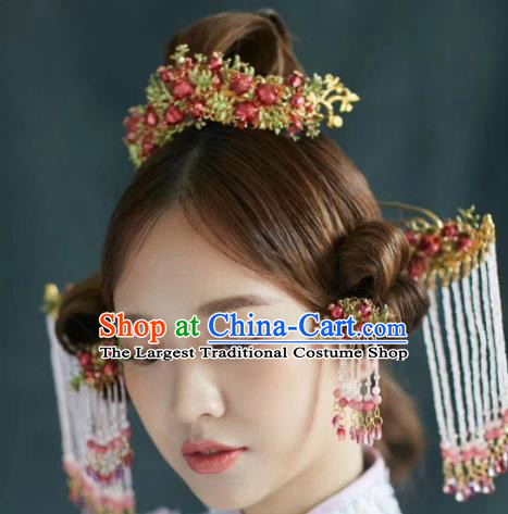 Chinese Ancient Bride Pomegranate Phoenix Coronet Hairpins Traditional Hair Accessories Headdress for Women