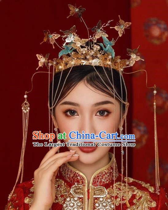 Chinese Ancient Bride Hairpins Butterfly Tassel Phoenix Coronet Traditional Hair Accessories Headdress for Women