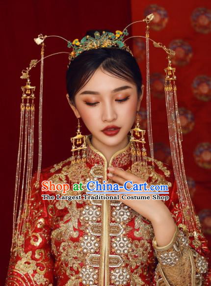 Chinese Ancient Bride Hairpins Blueing Phoenix Coronet Traditional Hair Accessories Headdress for Women