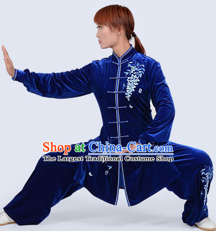 Chinese Traditional Kung Fu Embroidered Royalblue Pleuche Costume Martial Arts Tai Ji Competition Clothing for Women