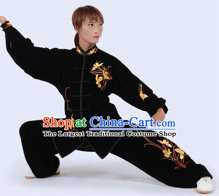 Chinese Traditional Kung Fu Velvet Costume Martial Arts Tai Ji Competition Printing Yellow Orchid Clothing for Women