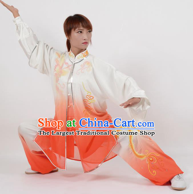 Chinese Traditional Kung Fu Embroidered Phoenix Orange Costume Martial Arts Tai Ji Competition Clothing for Women