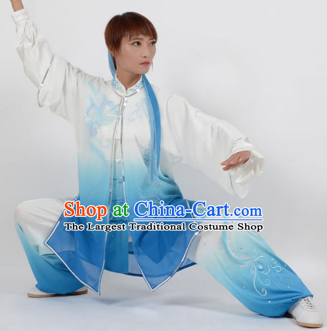 Chinese Traditional Kung Fu Embroidered Phoenix Blue Costume Martial Arts Tai Ji Competition Clothing for Women