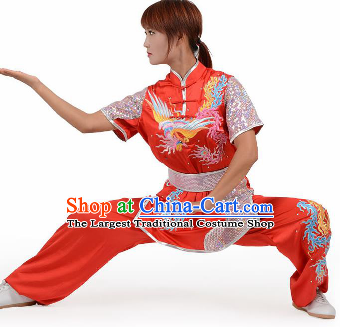 Chinese Traditional Kung Fu Embroidered Phoenix Red Costume Martial Arts Competition Clothing for Women