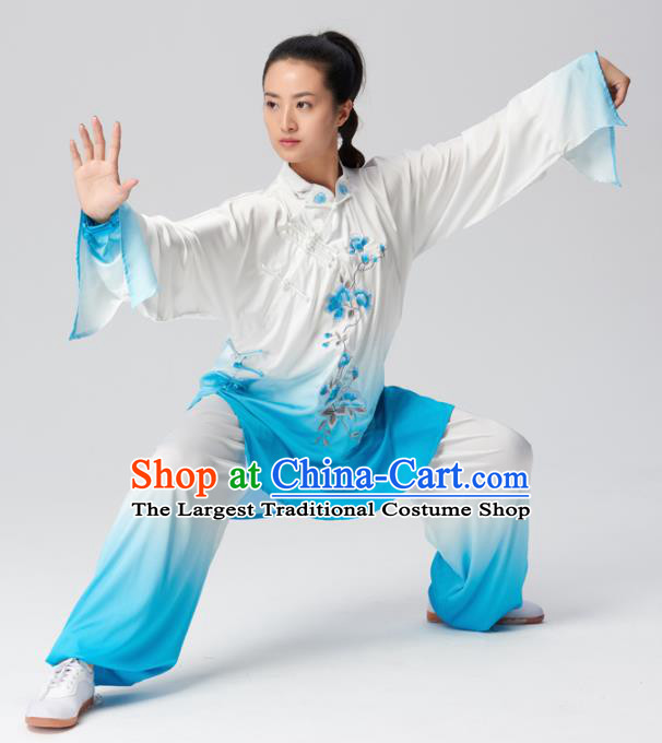 Chinese Traditional Tai Chi Group Embroidered Blue Costume Martial Arts Competition Clothing for Women