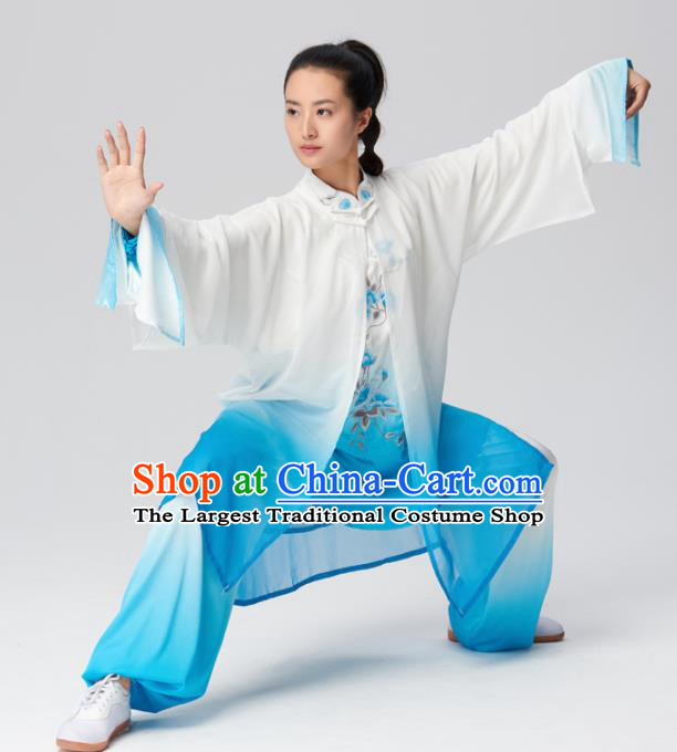 Chinese Traditional Kung Fu Tai Chi Group Embroidered Blue Costume Martial Arts Competition Clothing for Women