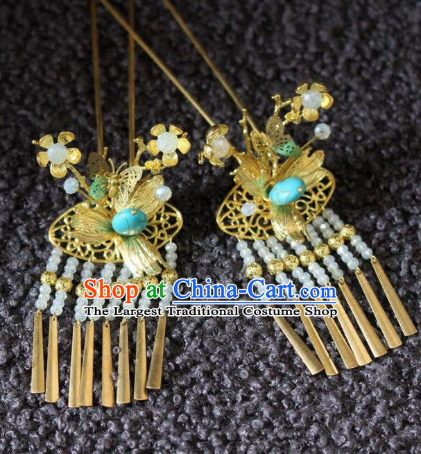 Handmade Chinese Ancient Golden Butterfly Tassel Hairpins Traditional Hair Accessories Headdress for Women