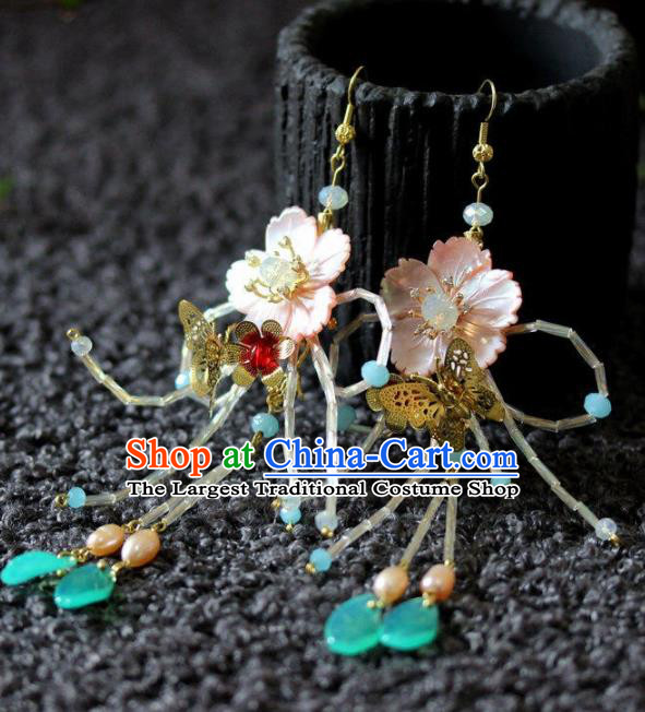 Chinese Handmade Hanfu Pink Shell Flower Earrings Traditional Ancient Palace Ear Accessories for Women