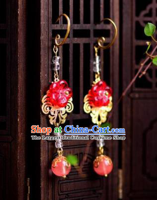 Chinese Handmade Hanfu Red Flower Earrings Traditional Ancient Palace Ear Accessories for Women