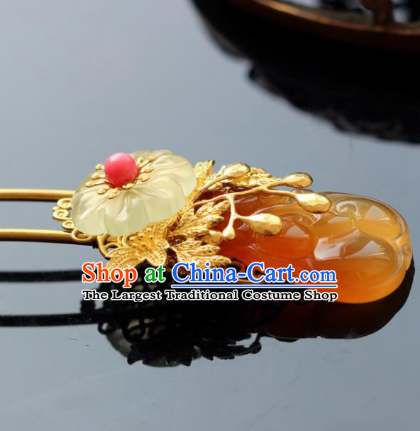 Handmade Chinese Ancient Princess Yellow Chalcedony Hairpins Traditional Hair Accessories Headdress for Women