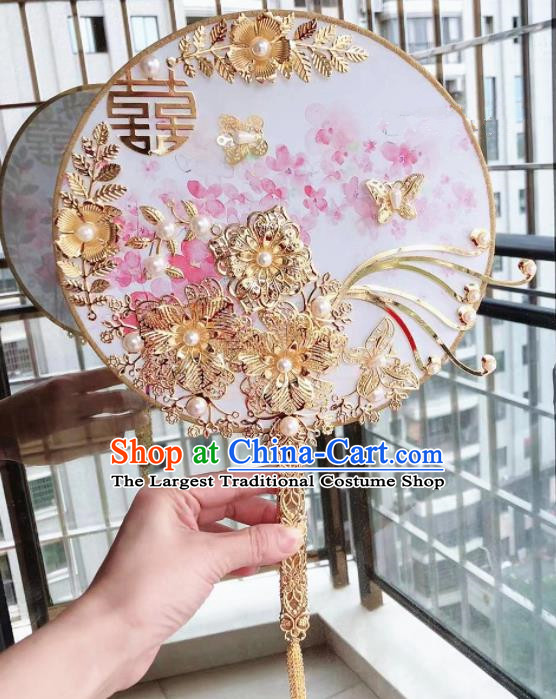 Chinese Handmade Bride Golden Flowers Palace Fans Wedding Accessories Classical Round Fan for Women